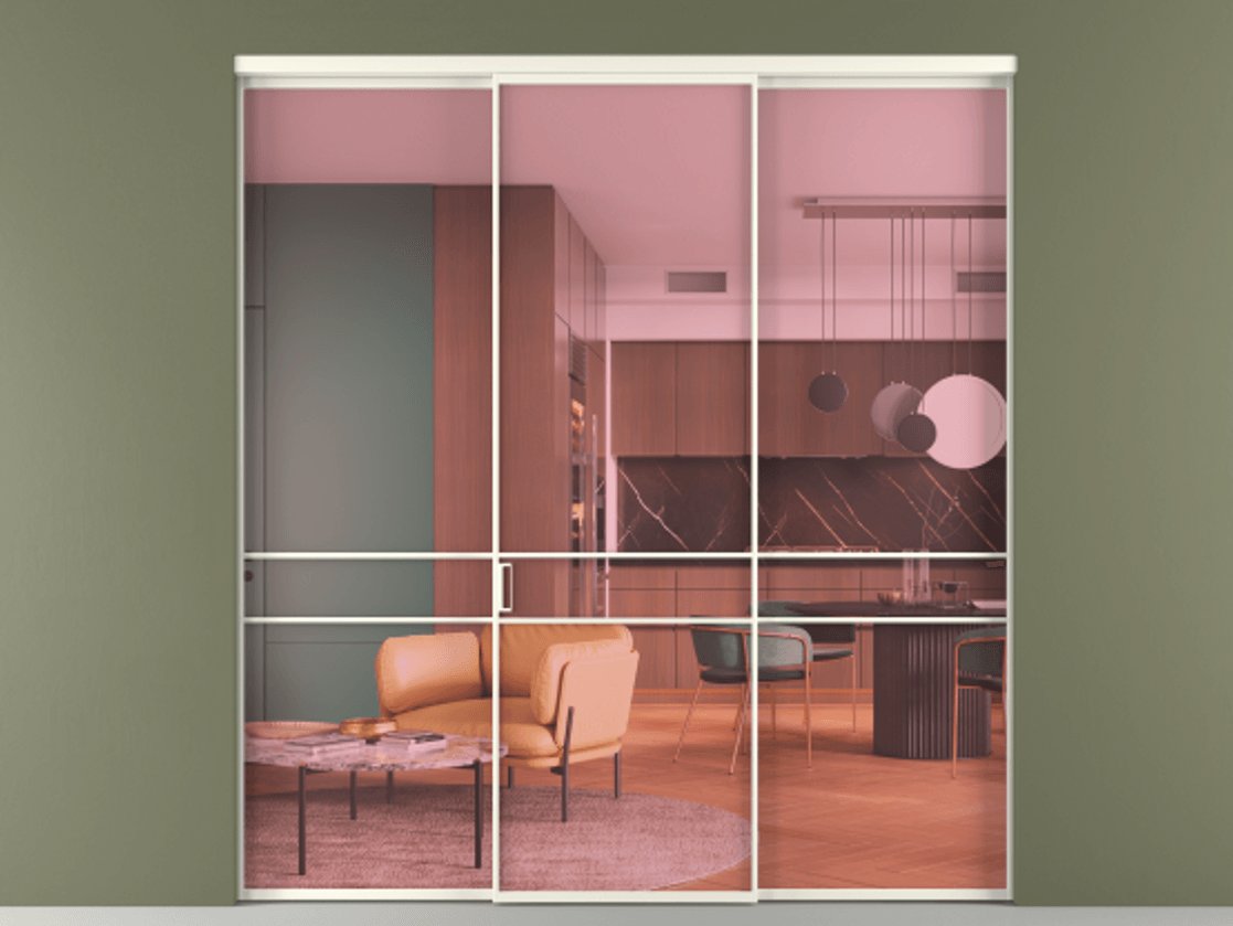 Перегородка Formato внутри проёма 3 створки АЛПР 040.02 Алюминий жемчужный Прозрачное розовое стекло, триплекс Цена 13300 Br | Volhovec