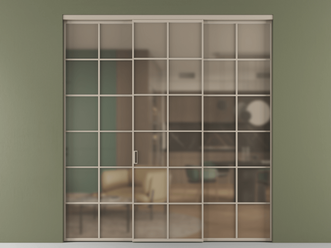 Перегородка Формато внутри проёма 3 створки АЛПР 040.05 Алюминий бисквитный Сатинированное бронзовое стекло, триплекс Цена 13620 Br | Volhovec