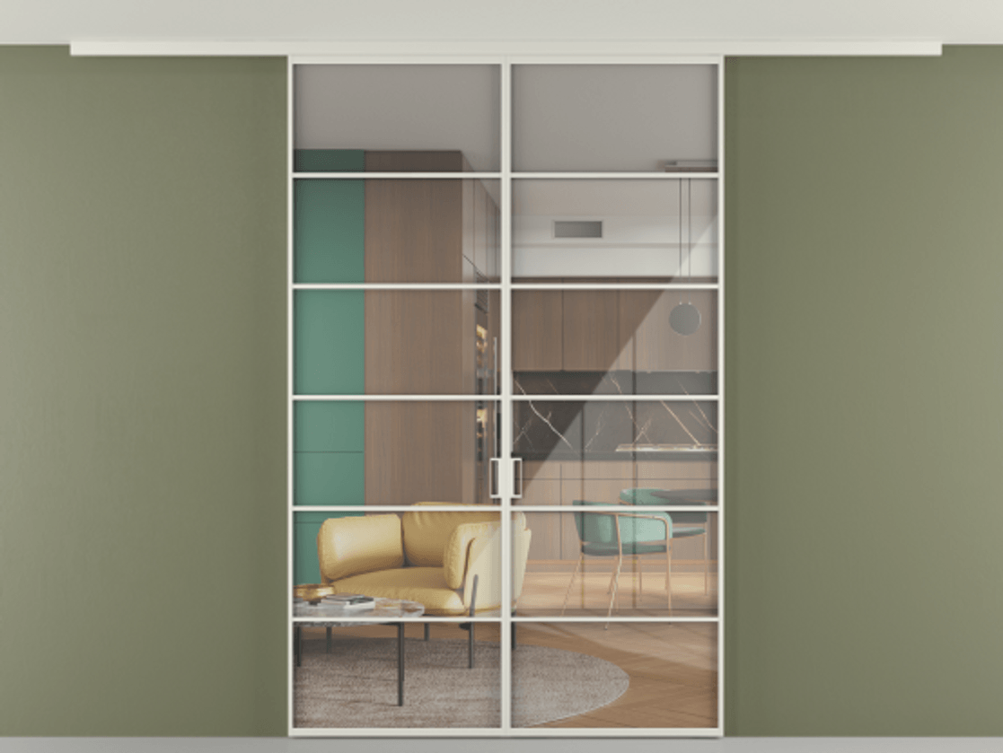 Перегородка Формато вдоль стены на потолок 2 створки АЛПР 040.04 Алюминий Белый Рефлективное прозрачное стекло "Стопсол", калёное Цена 13430 Br | Volhovec