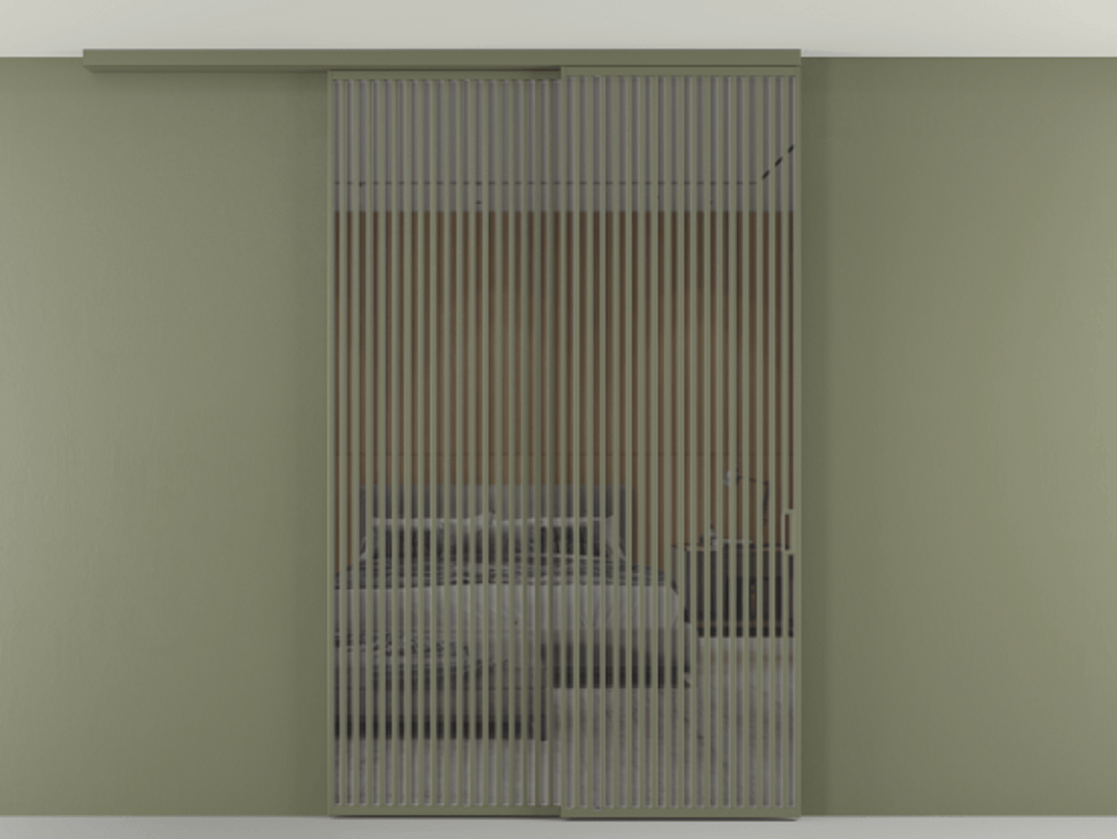 Перегородка Formato вдоль стены на потолок 2 створки с синхронным механизмом АЛПР 040.06 Алюминий оливковый тёмный Рефлективное серое стекло "Стопсол", калёное Цена 29010 Br | Volhovec