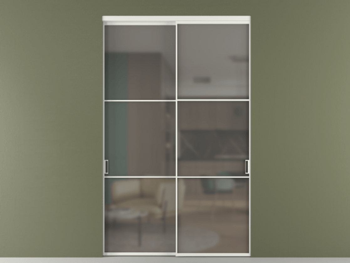 Перегородка Формато внутри проёма 2 створки АЛПР 040.03 Алюминий светло-серый Сатинированное серое стекло, триплекс Цена 22710 Br  | Volhovec