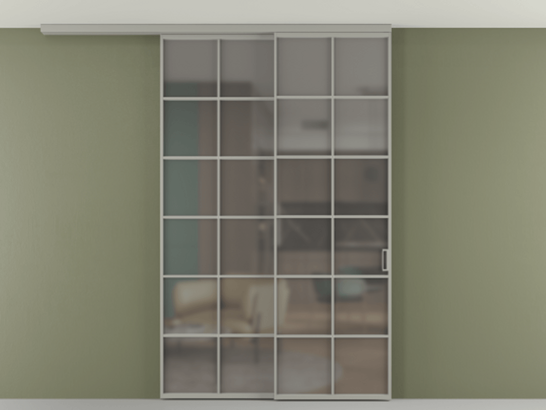 Перегородка Formato вдоль стены на потолок 2 створки с синхронным механизмом АЛПР 040.05 Алюминий нейтральный серый Сатинированное серое стекло, триплекс Цена 15110 Br | Volhovec