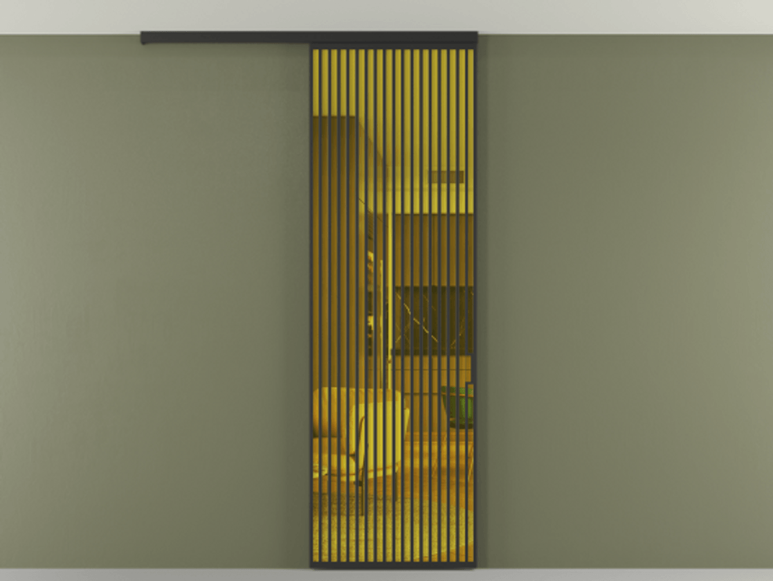 Перегородка Формато вдоль стены на потолок 1 створка АЛПР 040.06 Алюминий Черный Прозрачное жёлтое стекло, триплекс Цена 9100 Br | Volhovec