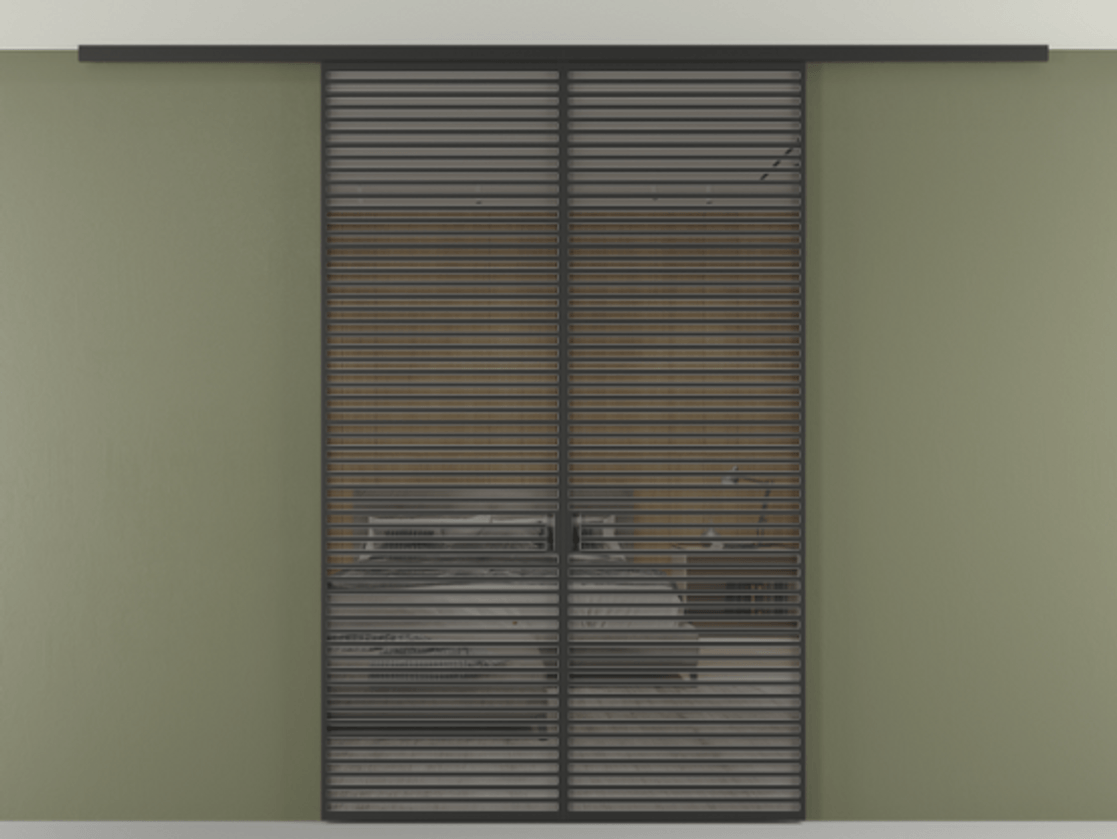 Перегородка Формато вдоль стены на потолок 2 створки АЛПР 040.07 Алюминий Черный Рефлективное серое стекло "Стопсол", калёное Цена 23530 Br | Volhovec