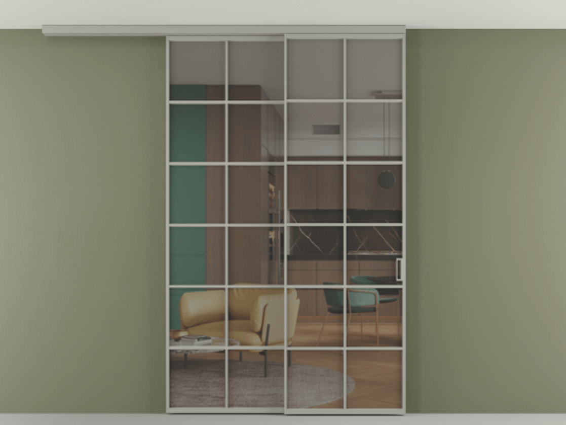 Перегородка Формато вдоль стены на потолок 2 створки с синхронным механизмом АЛПР 040.05 Алюминий нейтральный серый Прозрачное серое стекло, триплекс Цена 15110 Br | Volhovec