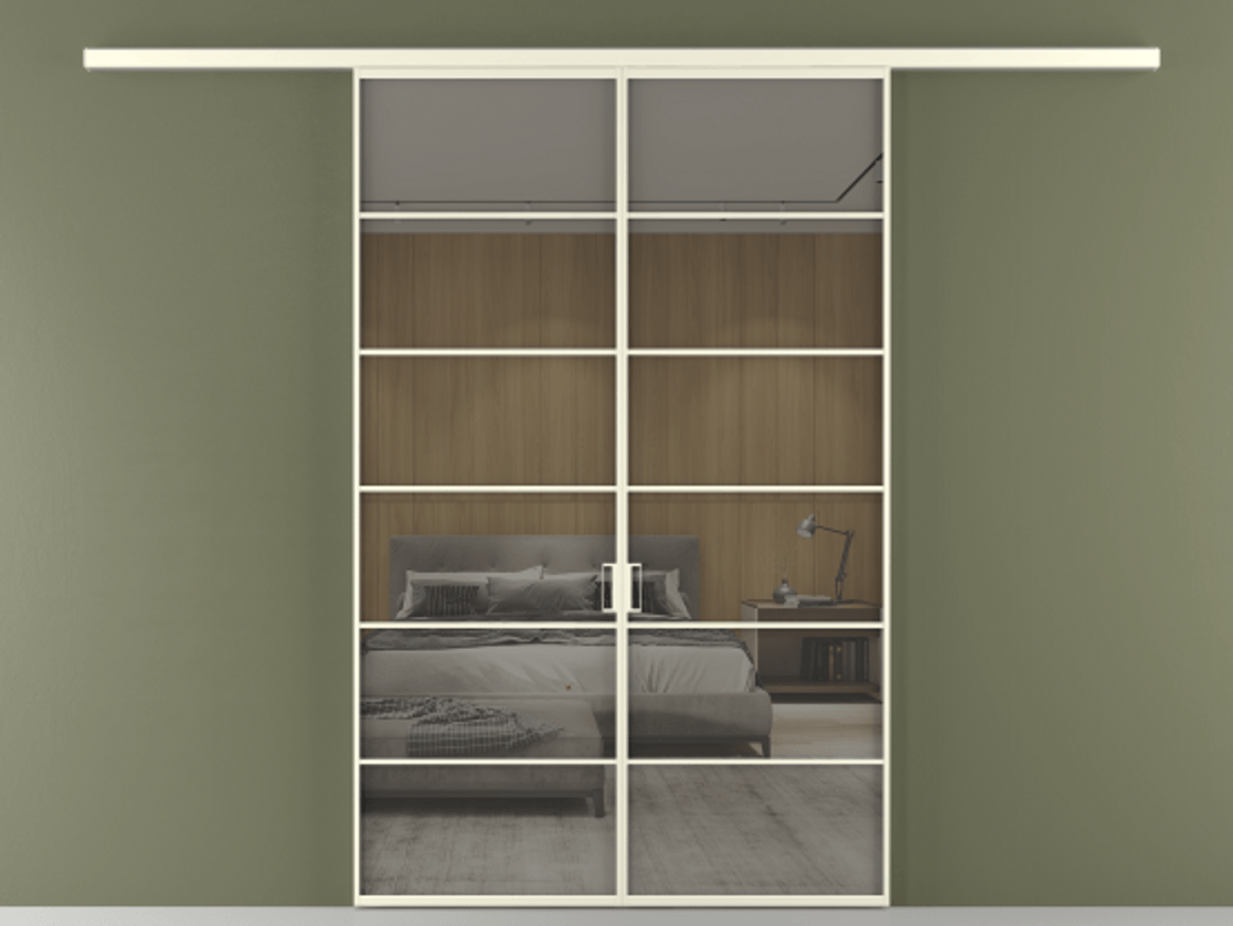 Перегородка Formato вдоль стены 2 створки АЛПР 040.04 Алюминий молочно-белый Рефлективное серое стекло "Stopsol", калёное Цена 14150 Br | Volhovec