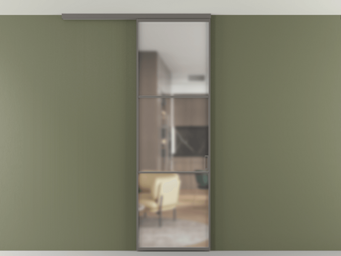 Перегородка Формато вдоль стены на потолок 1 створка АЛПР 040.03 Алюминий классический серый Сатинированное стекло "Мателюкс Кристал Вижн", калёное, матовое, каленое 6 мм Цена 6711 Br | Volhovec