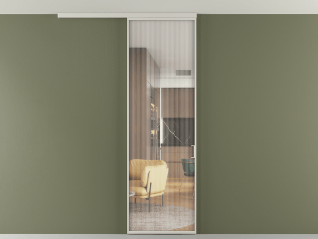 Перегородка Формато вдоль стены на потолок 1 створка АЛПР 040.01 Алюминий тёплый серый Рифлёное стекло "Мору", триплекс Цена 5260 Br | Volhovec