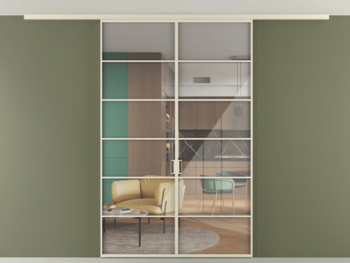 Перегородка Формато вдоль стены на потолок 2 створки АЛПР 040.04 Алюминий бежево-серый Рефлективное прозрачное стекло "Стопсол", калёное Цена 13960 Br | Volhovec