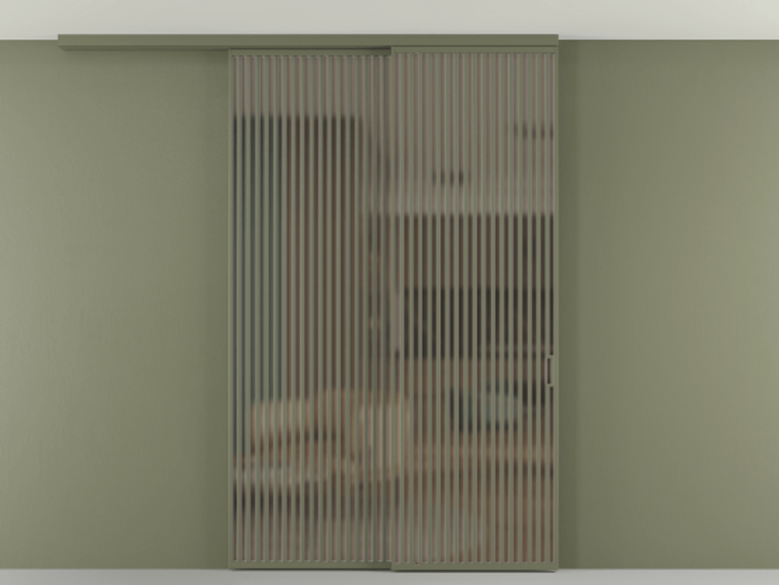 Перегородка Формато вдоль стены на потолок 2 створки с синхронным механизмом АЛПР 040.06 Алюминий оливковый тёмный Сатинированное бронзовое стекло, триплекс Цена 23070 Br | Volhovec