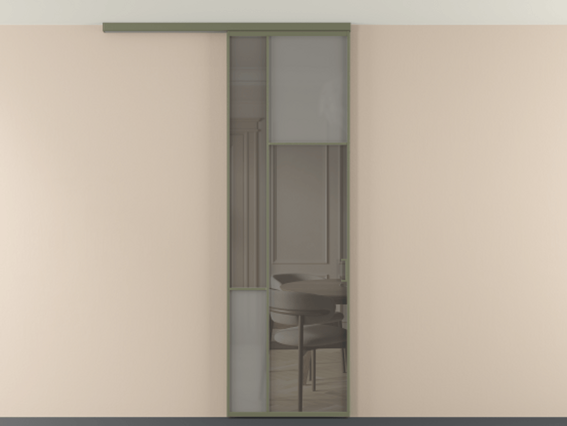 Перегородка Мозаик вдоль стены на потолок 1 створка АЛПР 041.11 Алюминий оливковый тёмный Сатинированное серое стекло, триплекс, 6 мм + Прозрачное серое стекло, триплекс Цена 7220 Br | Volhovec