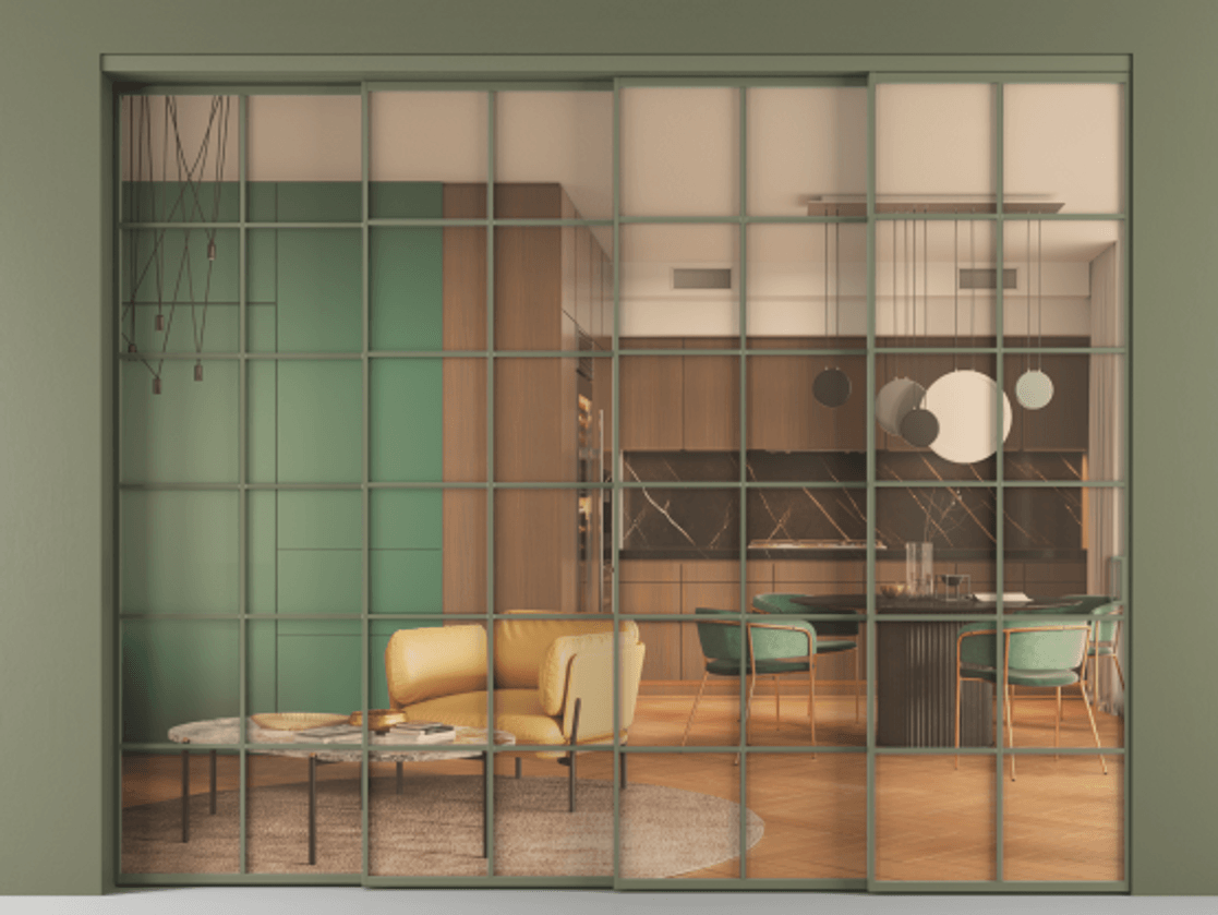 Перегородка Formato внутри проёма 4 створки с синхронным механизмом АЛПР 040.05 Алюминий оливковый тёмный Прозрачное оранжевое стекло, триплекс Цена 26100 Br | Volhovec