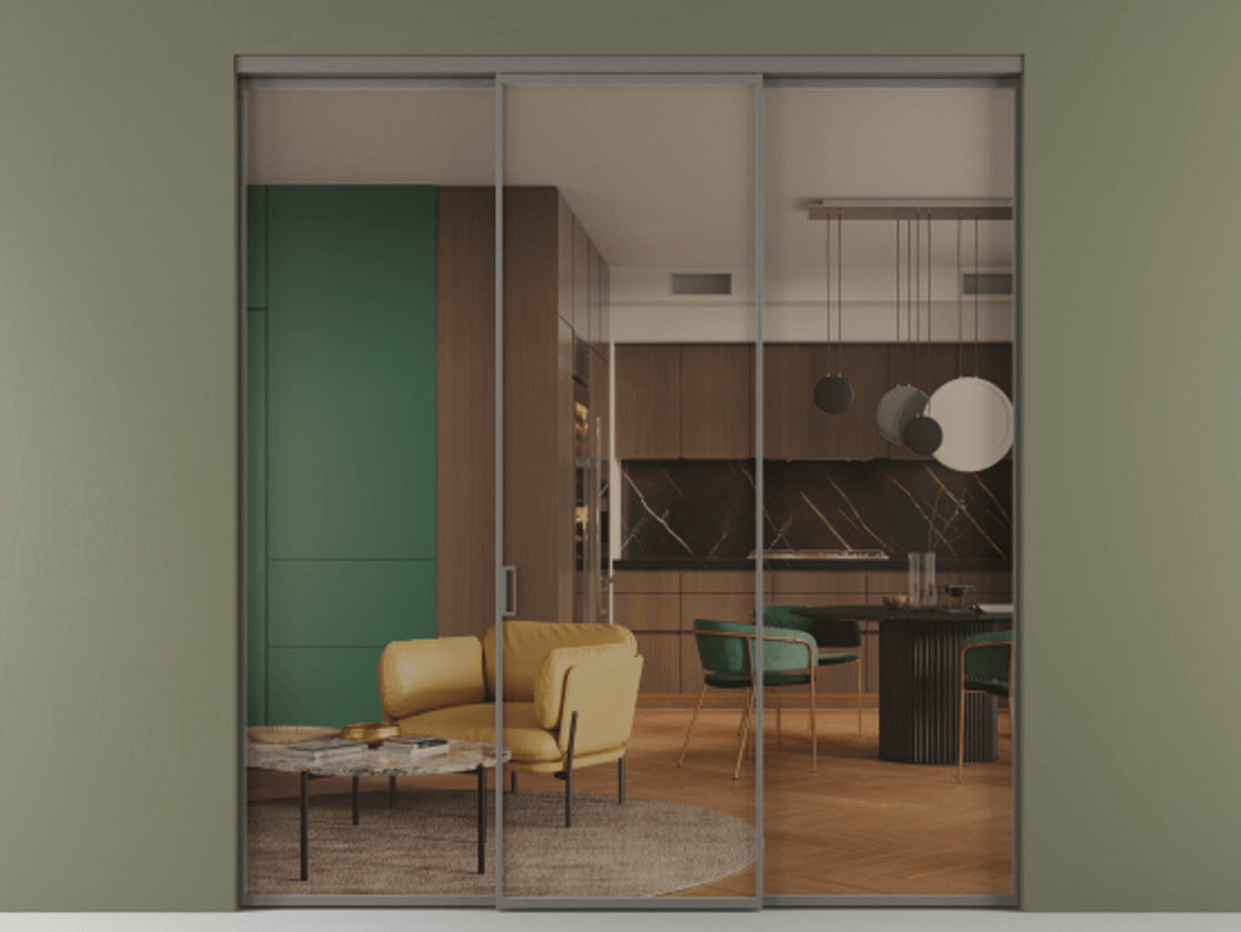 Перегородка Formato внутри проёма 3 створки АЛПР 040.01 Алюминий классический серый Прозрачное бронзовое стекло, триплекс Цена 12600 Br | Volhovec