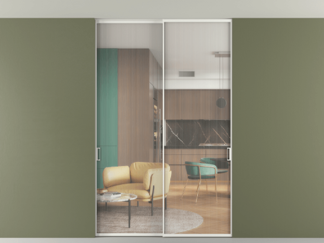 Перегородка Formato внутри проёма скрытое крепление в потолок 2 створки АЛПР 040.01 Алюминий светло-серый Рифлёное стекло "Moru", триплекс Цена 13440 Br | Volhovec