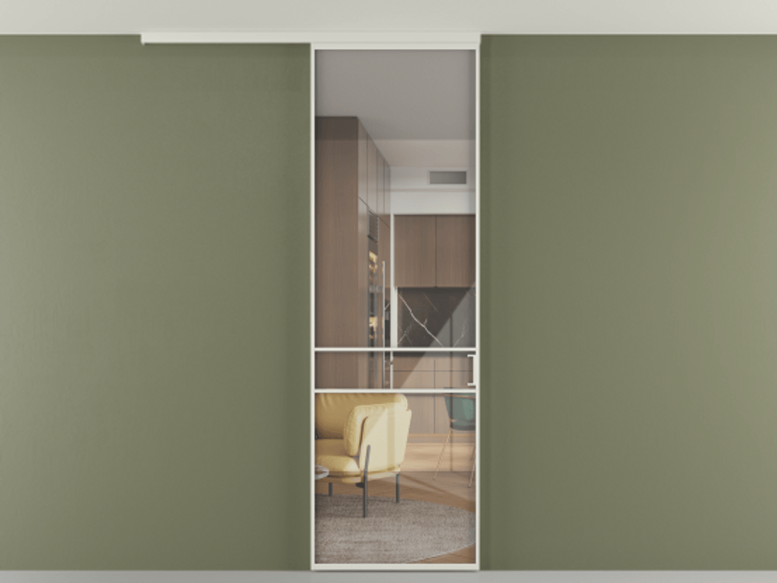 Перегородка Formato вдоль стены на потолок 1 створка АЛПР 040.02 Алюминий Белый Рефлективное прозрачное стекло "Stopsol", калёное Цена 6460 Br | Volhovec