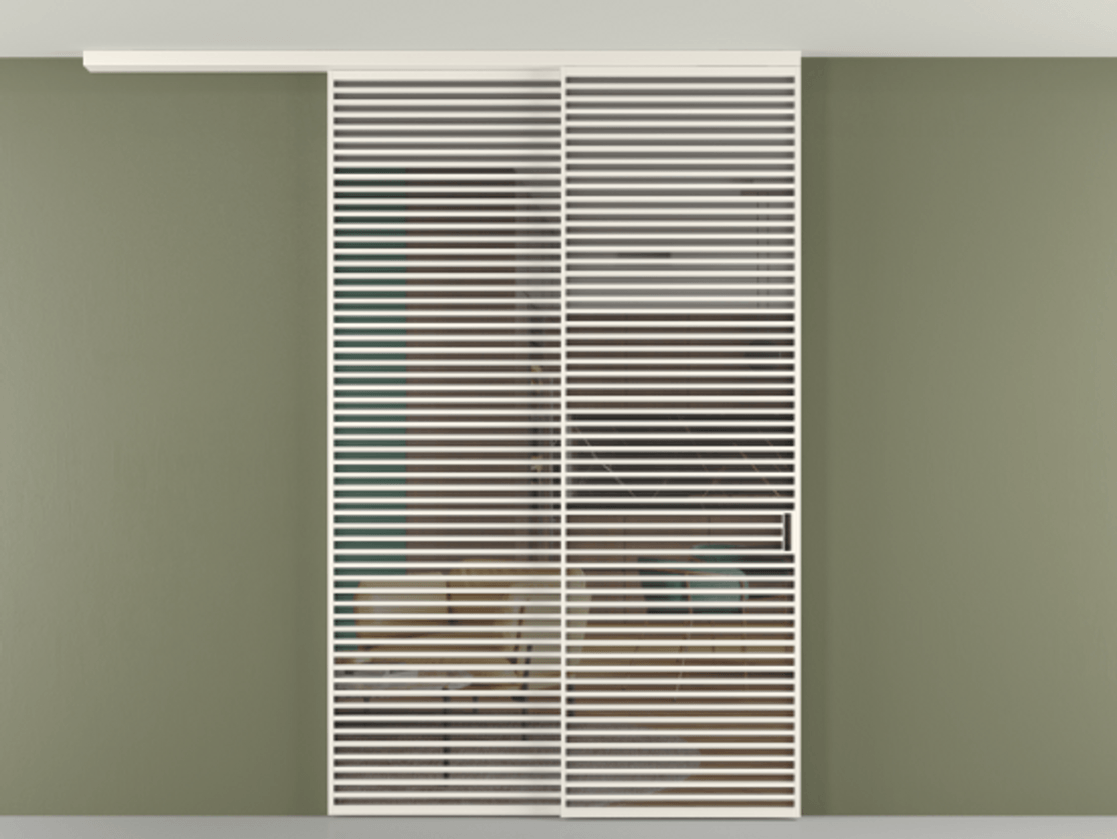 Перегородка Формато вдоль стены на потолок 2 створки с синхронным механизмом АЛПР 040.07 Алюминий пудровый белый Прозрачное серое стекло, триплекс Цена 28160 Br | Volhovec