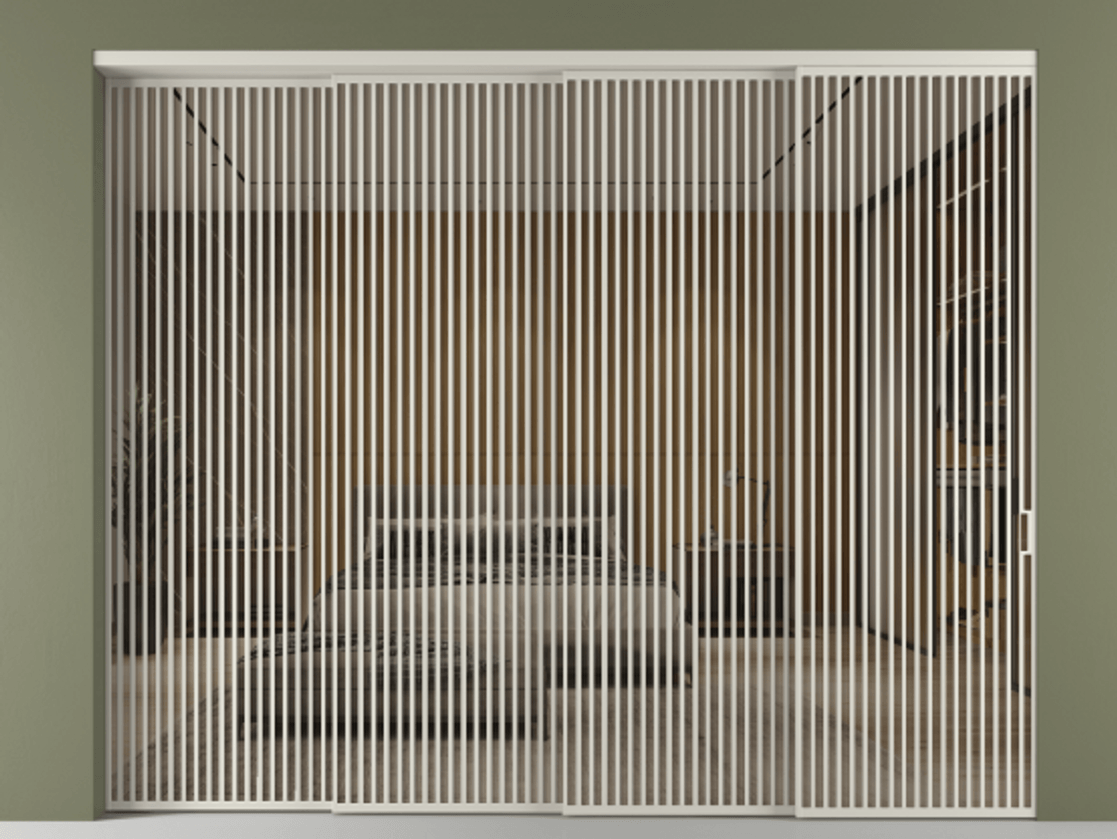 Перегородка Формато внутри проёма 4 створки с синхронным механизмом АЛПР 040.06 Алюминий тёплый серый Рефлективное бронзовое стекло "Стопсол", калёное Цена 42930 Br | Volhovec