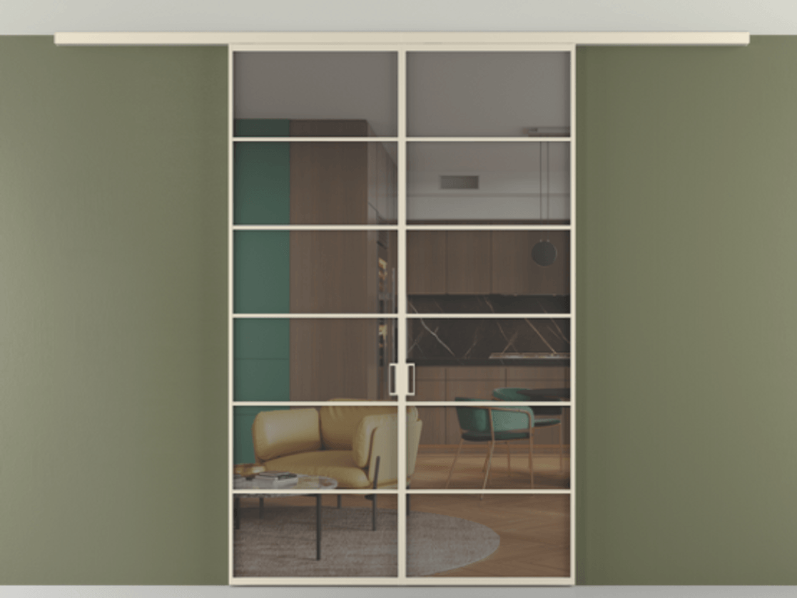 Перегородка Формато вдоль стены на потолок 2 створки АЛПР 040.04 Алюминий бежево-серый Прозрачное серое стекло, триплекс Цена 13100 Br | Volhovec