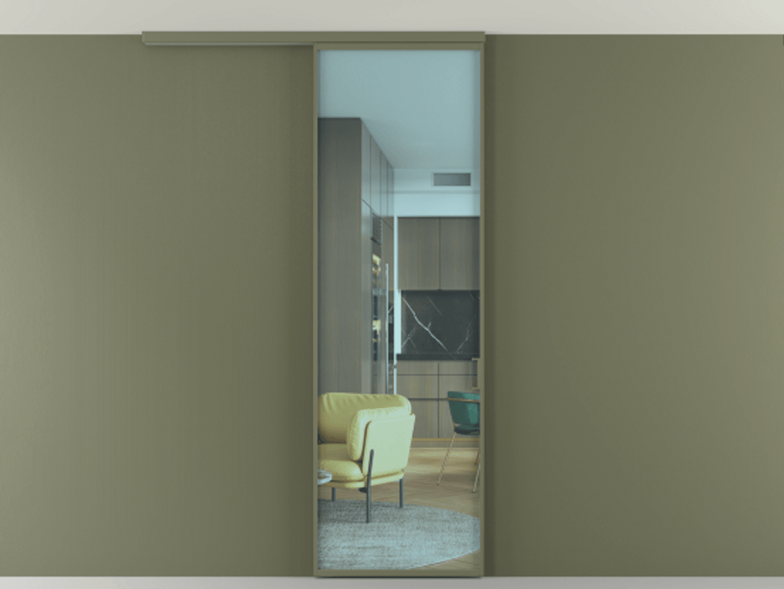 Перегородка Формато вдоль стены на потолок 1 створка АЛПР 040.01 Алюминий оливковый тёмный Прозрачное голубое стекло, триплекс Цена 4900 Br | Volhovec