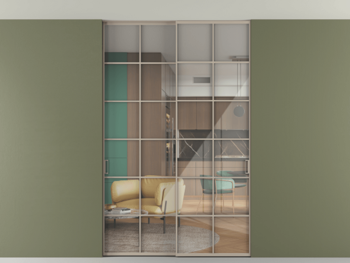 Перегородка Формато внутри проёма скрытое крепление в потолок 2 створки АЛПР 040.05 Алюминий бисквитный Рефлективное прозрачное стекло "Стопсол", калёное Цена 17250 Br | Volhovec