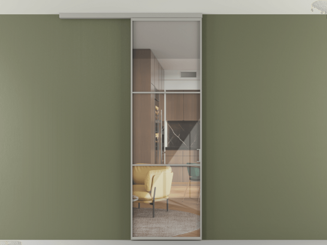 Перегородка Formato вдоль стены на потолок 1 створка АЛПР 040.03 Алюминий нейтральный серый Рефлективное прозрачное стекло "Stopsol", калёное Цена 6711 Br | Volhovec