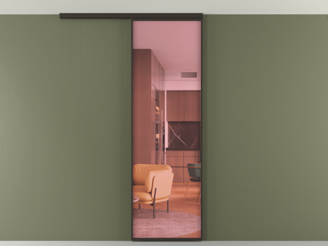 Перегородка Формато вдоль стены на потолок 1 створка АЛПР 040.01 Алюминий антрацит Прозрачное розовое стекло, триплекс Цена 4900 Br | Volhovec