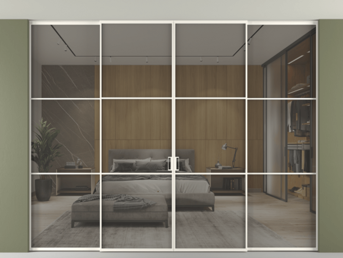 Перегородка Formato внутри проёма скрытое крепление в потолок 4 створки АЛПР 040.03 Алюминий пудровый белый Рефлективное серое стекло "Stopsol", калёное Цена 29680 Br | Volhovec