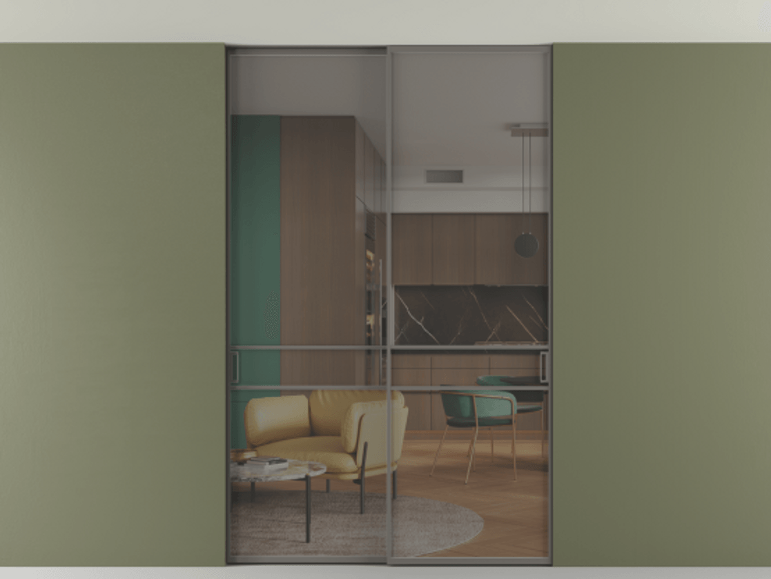 Перегородка Формато внутри проёма скрытое крепление в потолок 2 створки АЛПР 040.02 Алюминий классический серый Прозрачное серое стекло, триплекс Цена 15480 Br | Volhovec