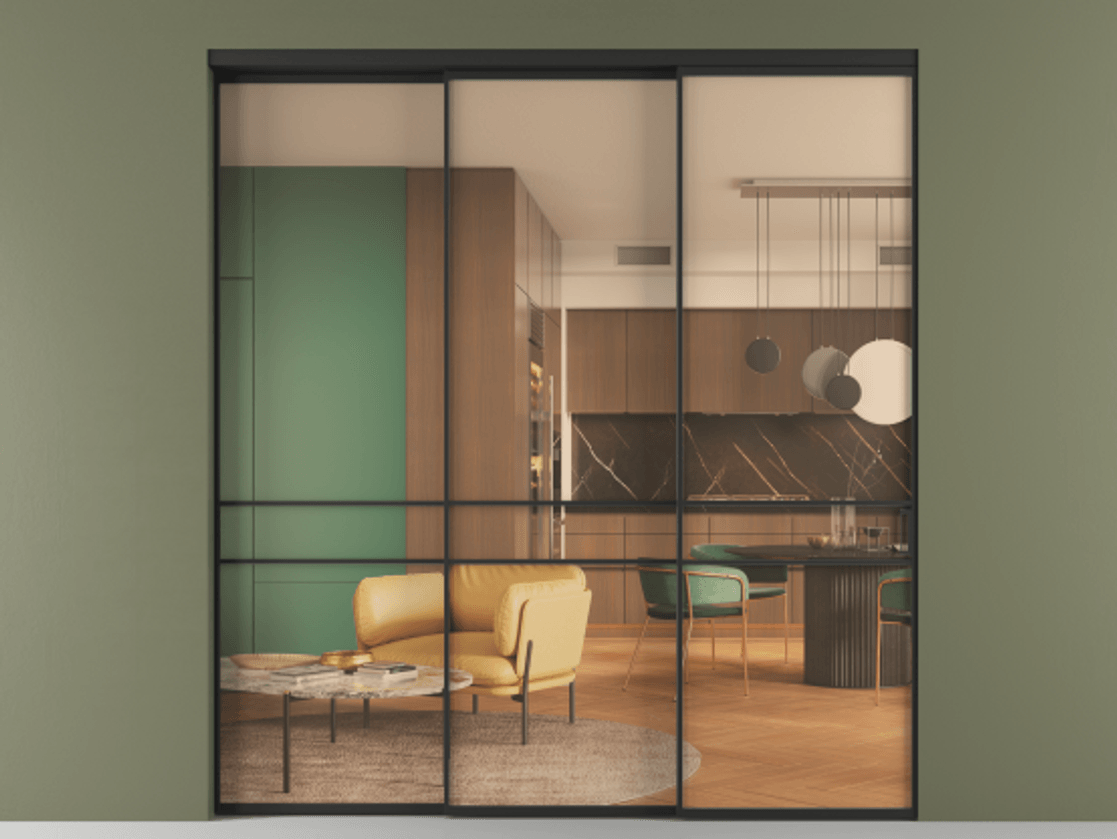 Перегородка Формато внутри проёма 3 створки с синхронным механизмом АЛПР 040.02 Алюминий Черный Прозрачное оранжевое стекло, триплекс Цена 17600 Br  | Volhovec