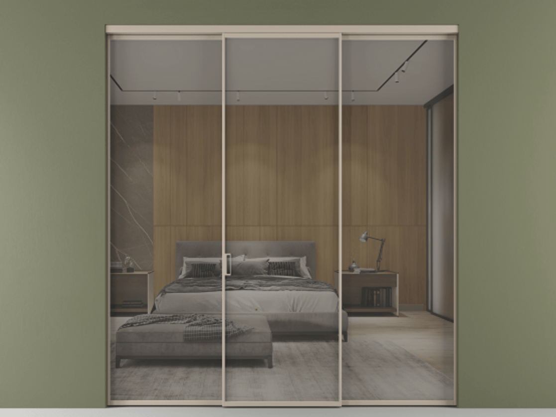 Перегородка Formato внутри проёма 3 створки АЛПР 040.01 Алюминий бисквитный Рефлективное серое стекло "Stopsol", калёное Цена 16110 Br | Volhovec