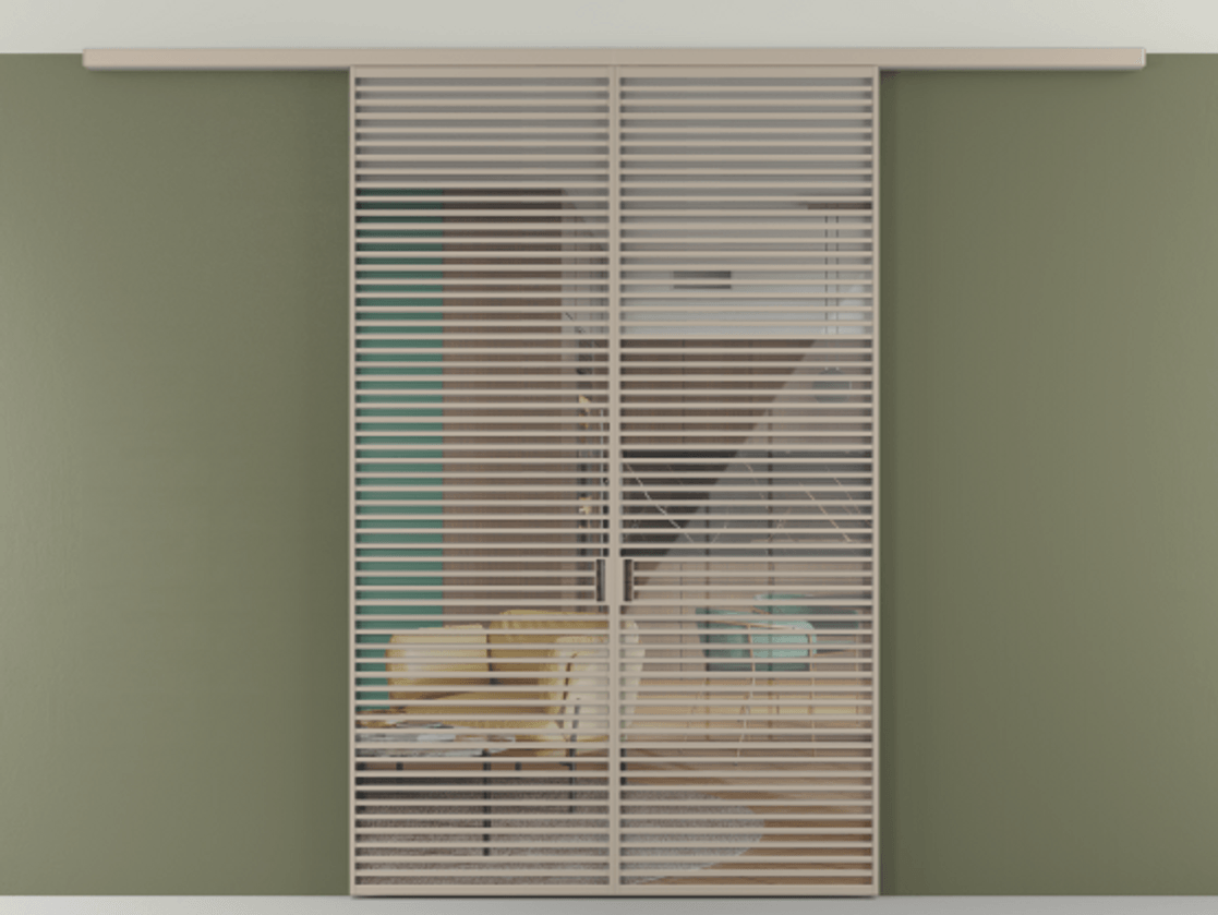 Перегородка Формато вдоль стены на потолок 2 створки АЛПР 040.07 Алюминий бисквитный Рефлективное прозрачное стекло "Стопсол", калёное Цена 20330 Br | Volhovec