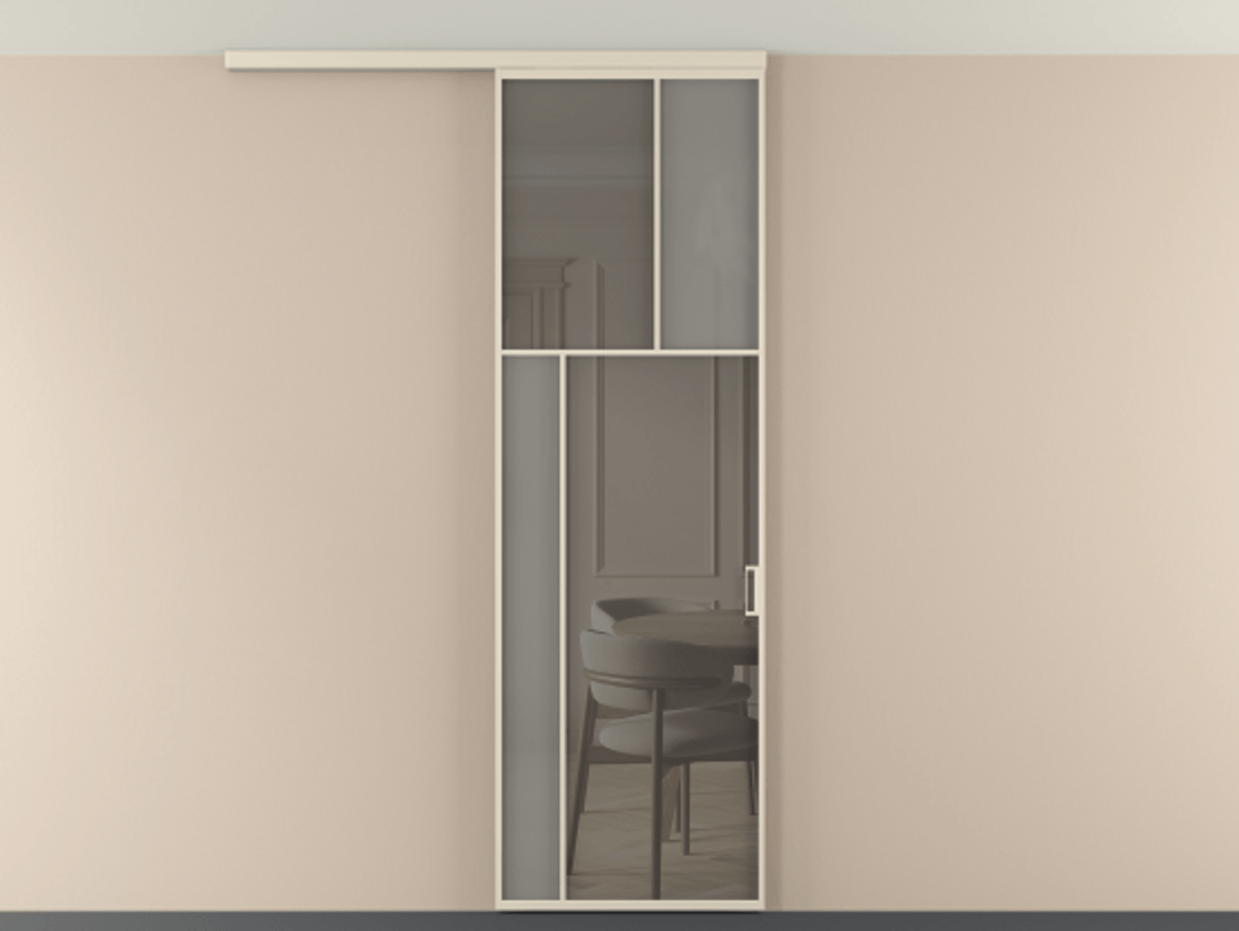 Перегородка Мозаик вдоль стены на потолок 1 створка АЛПР 041.22 Алюминий бежево-серый Сатинированное серое стекло, триплекс, 6 мм + Прозрачное серое стекло, триплекс Цена 7220 Br | Volhovec