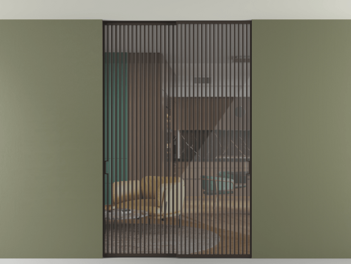 Перегородка Формато внутри проёма скрытое крепление в потолок 2 створки АЛПР 040.06 Алюминий антрацит Рефлективное прозрачное стекло "Стопсол", калёное Цена 27860 Br | Volhovec