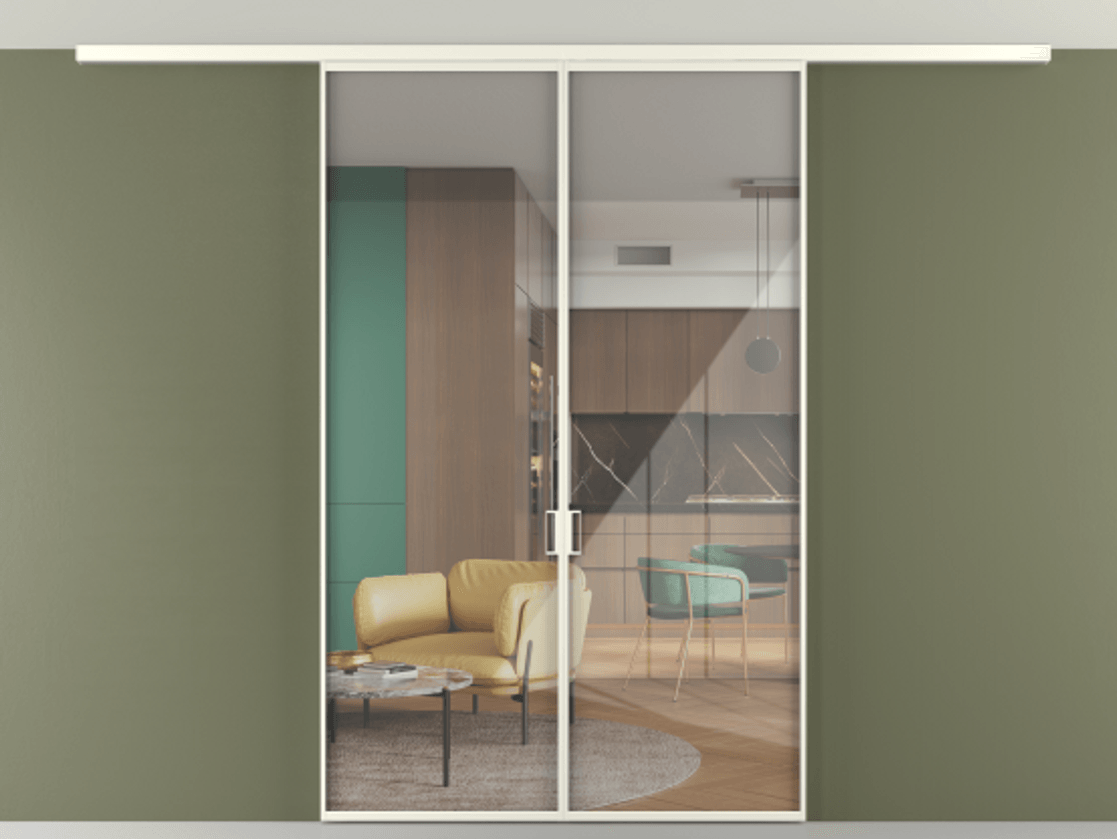 Перегородка Формато вдоль стены на потолок 2 створки АЛПР 040.01 Алюминий жемчужный Рефлективное прозрачное стекло "Стопсол", калёное Цена 10600 Br | Volhovec