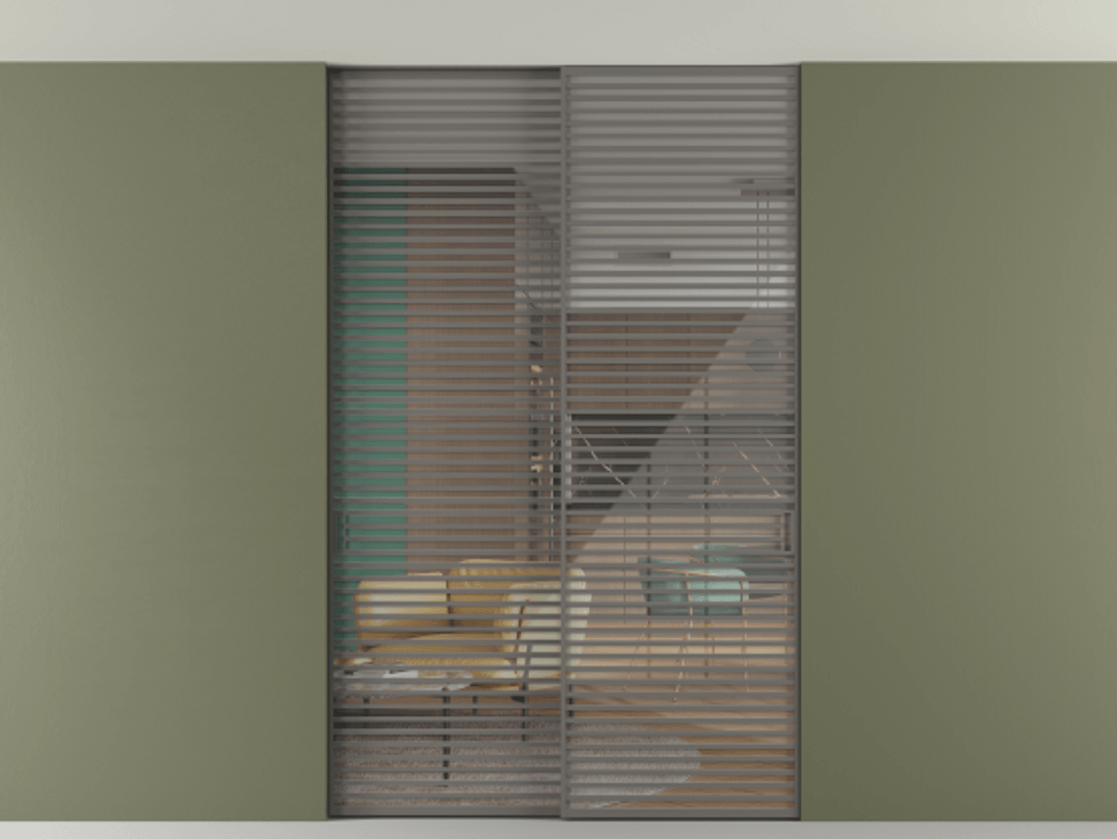 Перегородка Формато внутри проёма скрытое крепление в потолок 2 створки АЛПР 040.07 Алюминий классический серый Рефлективное прозрачное стекло "Стопсол", калёное Цена 27860 Br | Volhovec