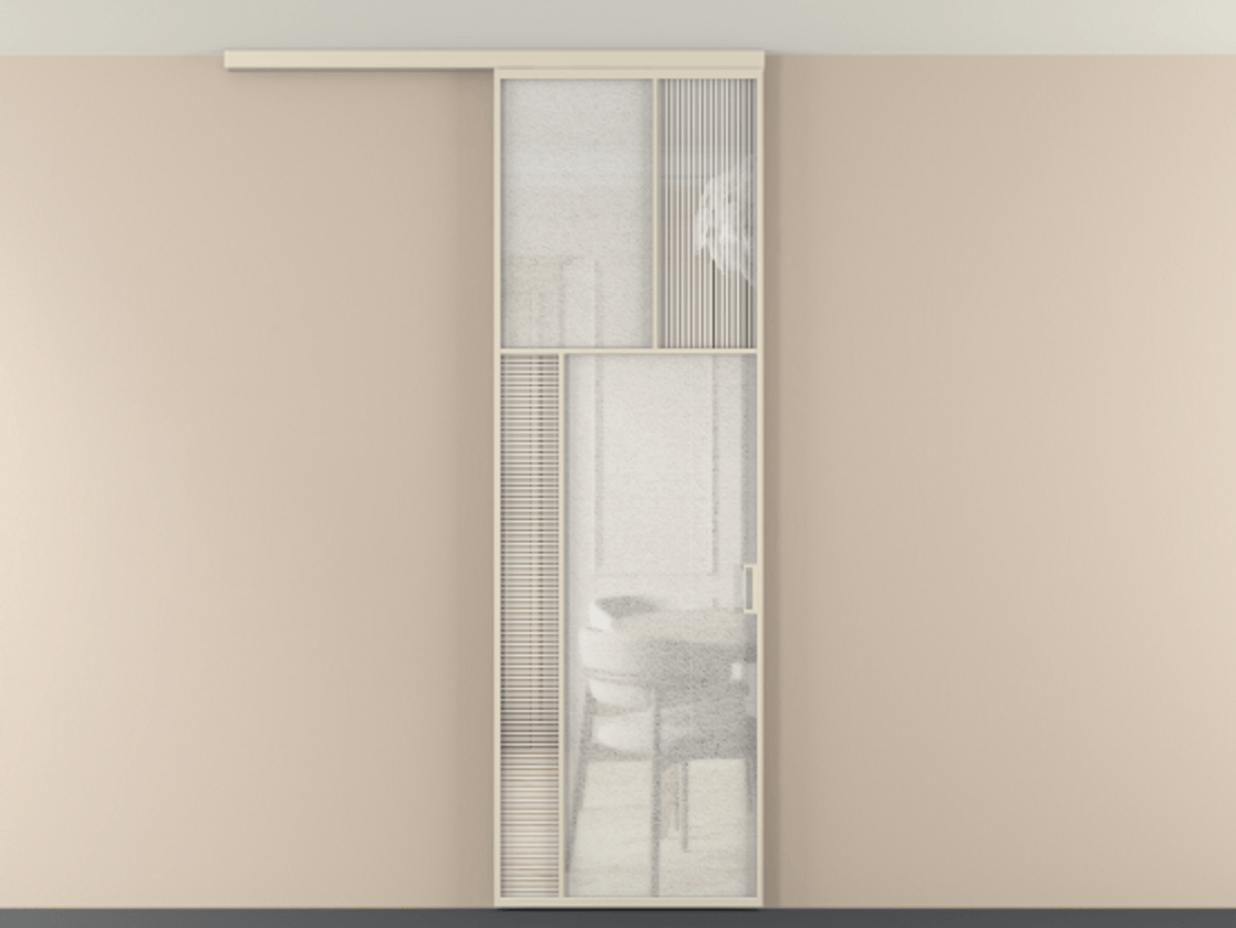 Перегородка Мозаик вдоль стены на потолок 1 створка АЛПР 041.22 Алюминий бежево-серый Рифлёное стекло "Дюна", триплекс, 6 мм + Фактурное стекло "Лёд", триплекс Цена 7650 Br | Volhovec