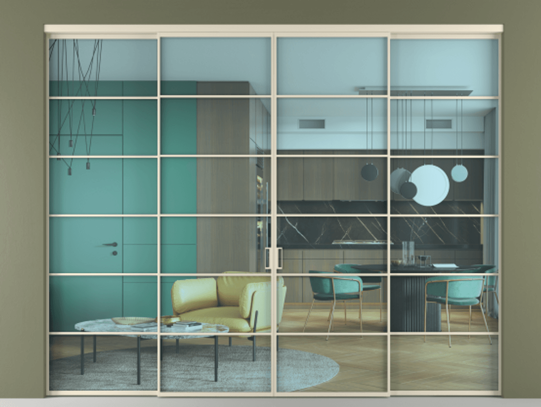 Межкомнатная дверь New Перегородка Formato внутри проёма четырёхстворчатая АЛПР 040.04 Алюминий бежево-серый Прозрачное голубое стекло, триплекс, 6мм Цена 22400  | Volhovec