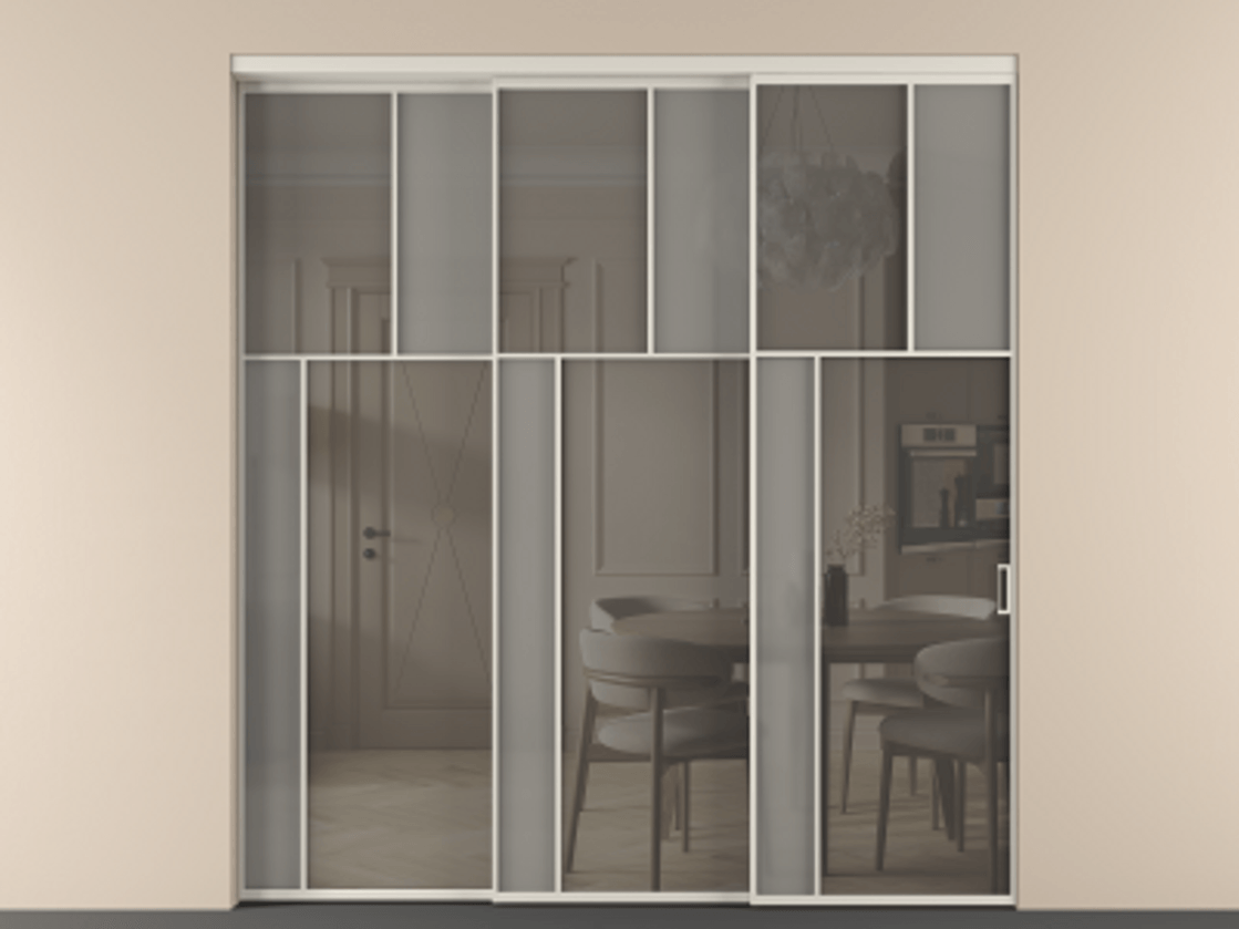 Перегородка Mosaic внутри проёма 3 створки с синхронным механизмом АЛПР 041.22 Алюминий облачно-серый Сатинированное серое стекло, триплекс, 6 мм + Прозрачное серое стекло, триплекс Цена 23390 Br | Volhovec