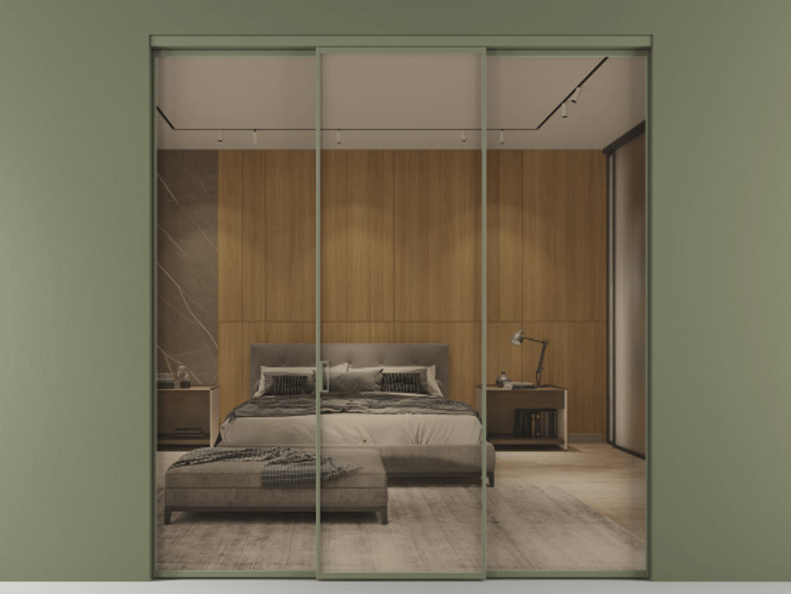 Перегородка Формато внутри проёма 3 створки АЛПР 040.01 Алюминий оливковый тёмный Рефлективное бронзовое стекло "Стопсол", калёное Цена 16110 Br | Volhovec