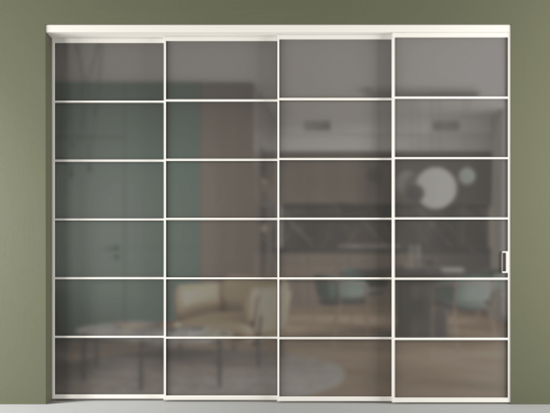 Перегородка Formato внутри проёма 4 створки с синхронным механизмом АЛПР 040.04 Алюминий пудровый белый Сатинированное серое стекло, триплекс. Цена 25240 Br 1. Полотно 4 шт. (800/2100 мм)
2. Комплект установки раздвижной системы
3. Базовый комплект фурнитуры
4. Комплект фурнитуры телескопик синхро-3
5. Ручка RONDO
. Фабрика дверей Волховец 8 (800) 551 43 19 Перегородка Formato внутри проёма 4 створки с синхронным механизмом АЛПР 040.04 Алюминий пудровый белый Сатинированное серое стекло, триплекс Цена 25240 Br | Volhovec