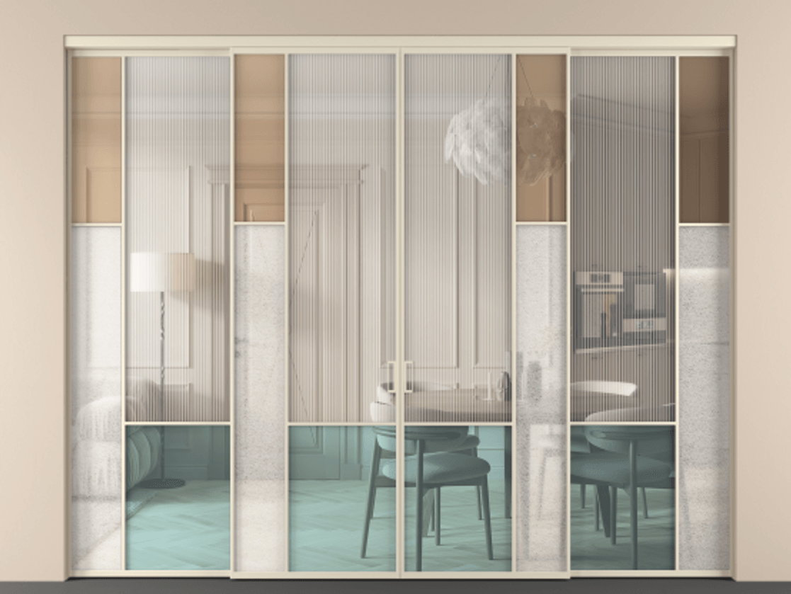 Перегородка Mosaic внутри проёма четырёхстворчатая АЛПР 041.12 Алюминий бежево-серый Комбинация стекол Группы 1 и Группы 3 Цена 25900 Br | Volhovec