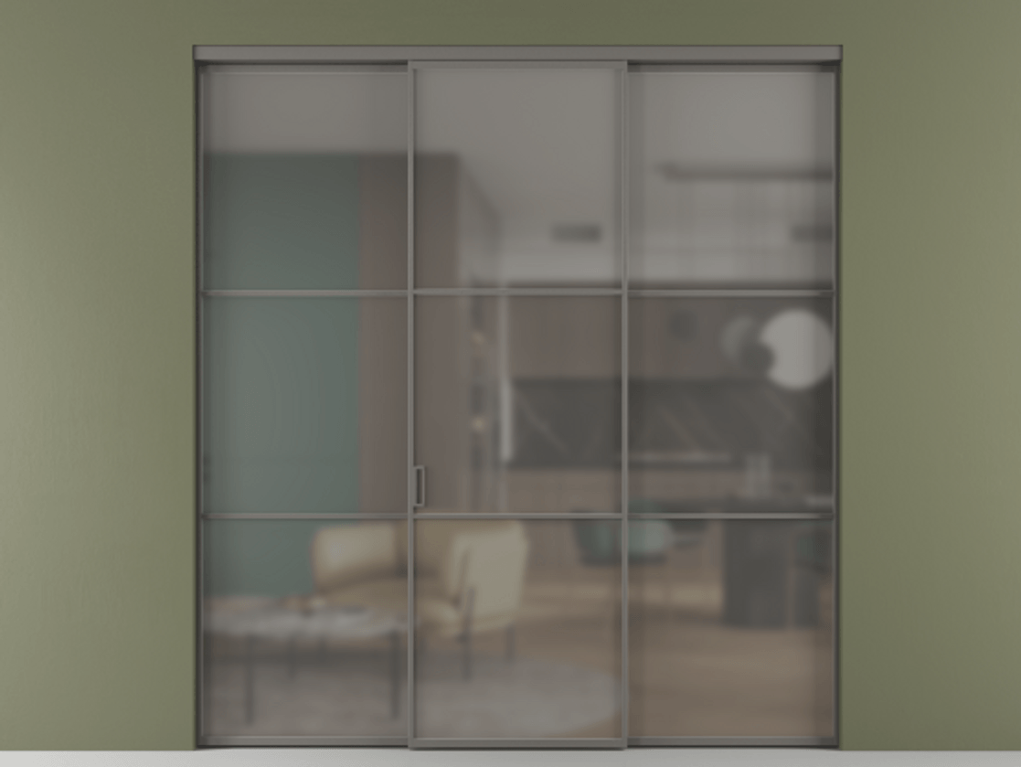 Перегородка Formato внутри проёма 3 створки АЛПР 040.03 Алюминий классический серый Сатинированное серое стекло, триплекс Цена 13290 Br | Volhovec