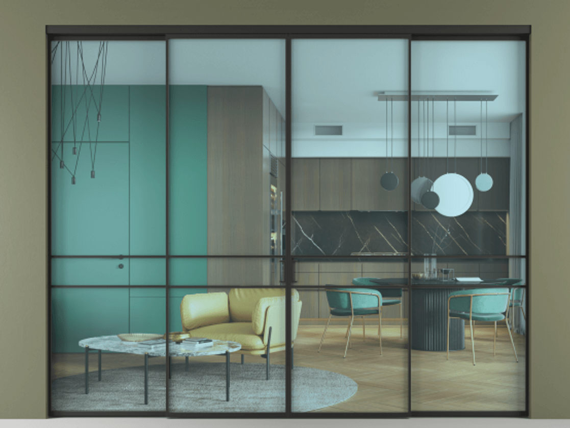 Перегородка Formato внутри проёма 4 створки АЛПР 040.02 Алюминий Черный Прозрачное голубое стекло, триплекс Цена 17300 Br  | Volhovec