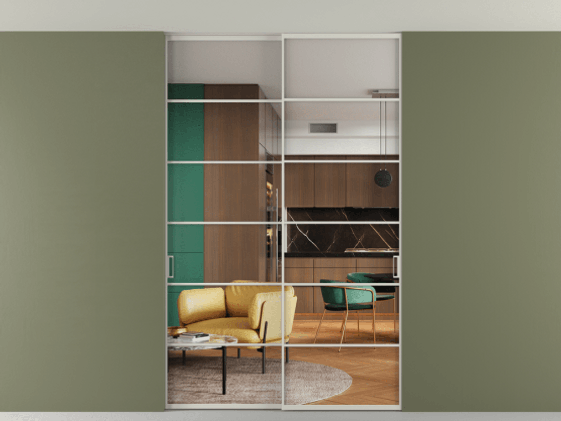 Перегородка Formato внутри проёма скрытое крепление в потолок 2 створки АЛПР 040.04 Алюминий тёплый серый Прозрачное стекло "Crystal Vision", калёное Цена 17250 Br | Volhovec