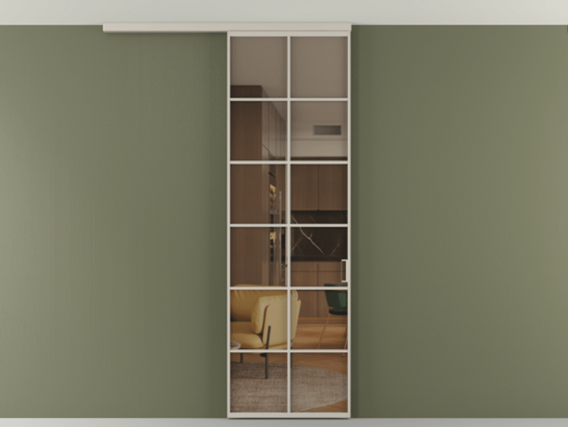 Перегородка Формато вдоль стены на потолок 1 створка АЛПР 040.05 Алюминий светло-бежевый Прозрачное бронзовое стекло, триплекс Цена 5520 Br | Volhovec