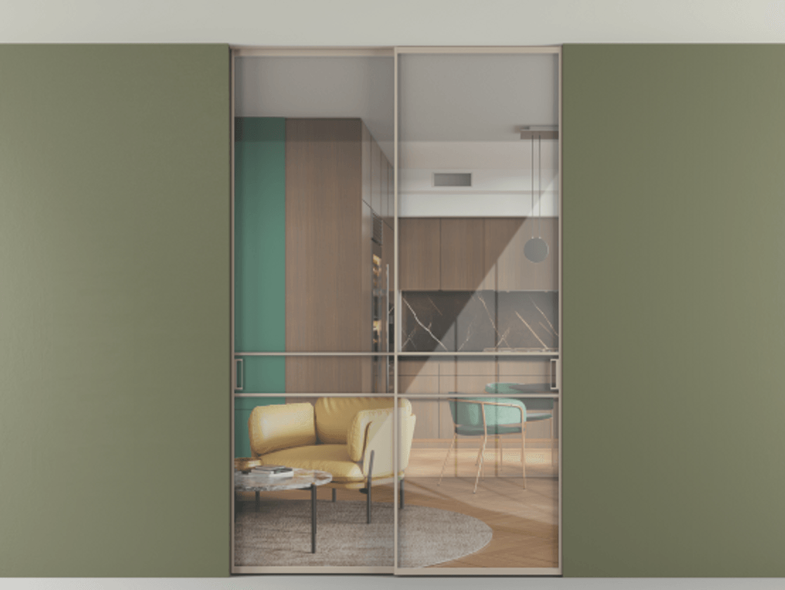 Перегородка Формато внутри проёма скрытое крепление в потолок 2 створки АЛПР 040.02 Алюминий бисквитный Рефлективное прозрачное стекло "Стопсол", калёное Цена 16340 Br | Volhovec