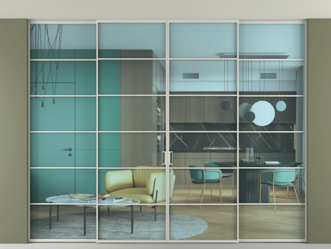 Перегородка Formato внутри проёма скрытое крепление в потолок 4 створки АЛПР 040.04 Алюминий тёплый серый Прозрачное голубое стекло, триплекс Цена 29800 Br | Volhovec