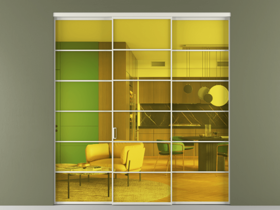 Перегородка Formato внутри проёма трёхстворчатая АЛПР 040.04 Алюминий Белый Прозрачное жёлтое стекло, триплекс Цена 13700 Br | Volhovec