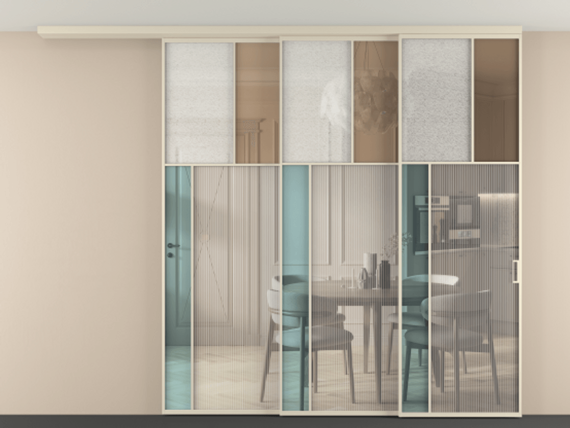 Перегородка Mosaic вдоль стены телескопик синхро 3 АЛПР 041.22 Алюминий бежево-серый Комбинация стекол Группы 1 и Группы 3 Цена 25700 Br | Volhovec