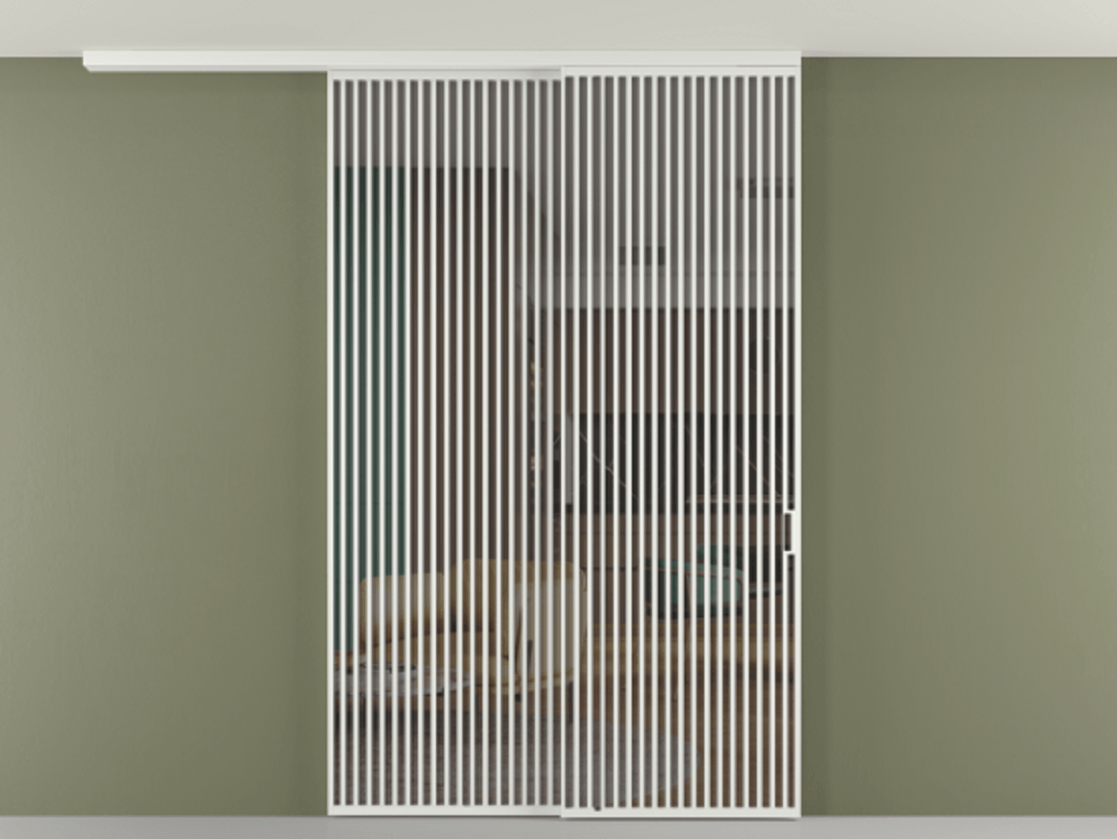 Перегородка Формато вдоль стены на потолок 2 створки с синхронным механизмом АЛПР 040.06 Алюминий белоснежный Прозрачное серое стекло, триплекс Цена 23070 Br | Volhovec